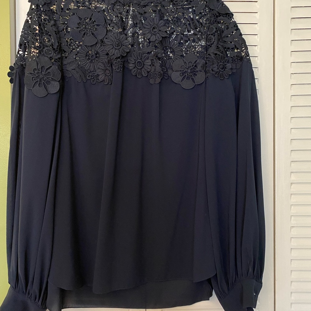 Oscar de la Renta Navy Floral Lace Top